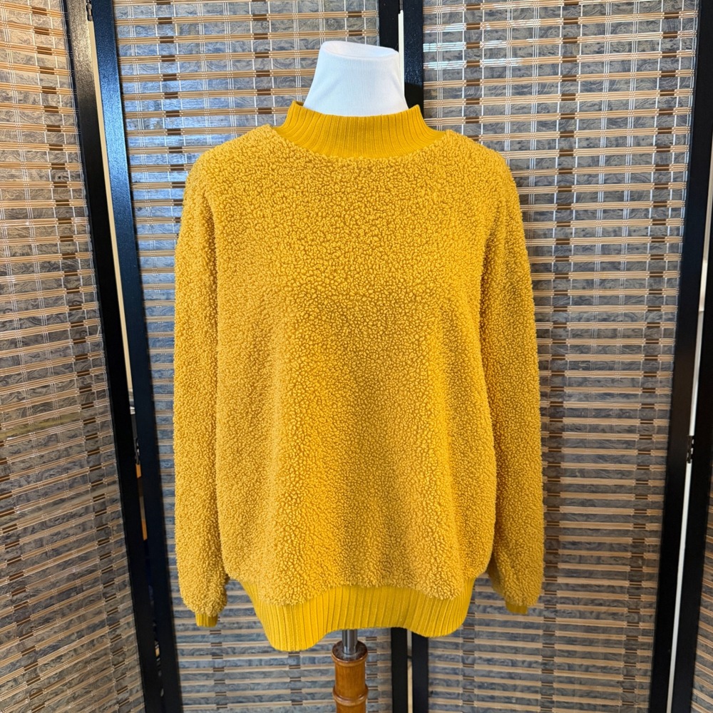 Porridge Clothing Sherpa Fleece Pullover Women Large Yellow Mock Neck Teddy 3653